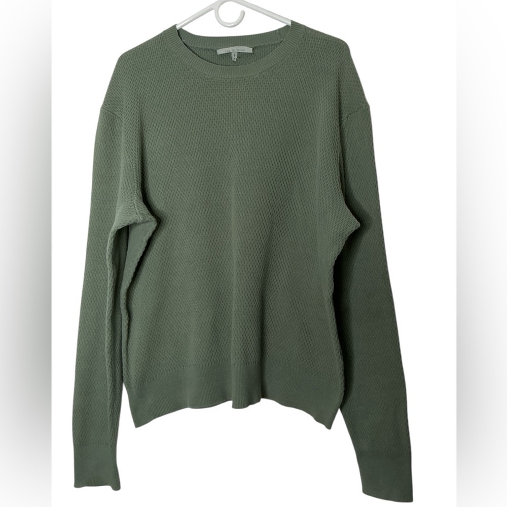 Rag & Bone Textured Knit Cotton Crew Neck Shirt in Olive Green Size Large